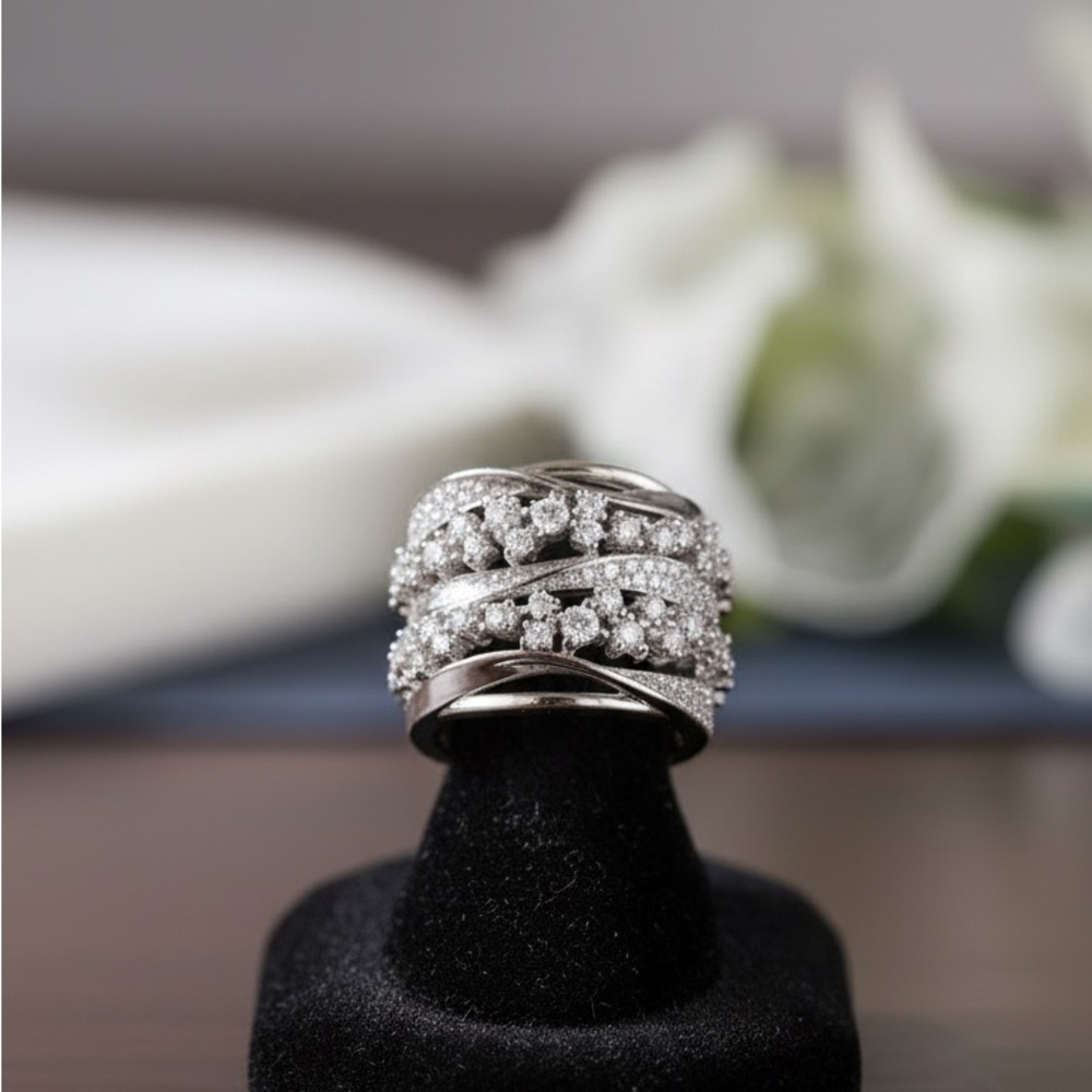 Luxury Multi-Row Pave Cubic Zirconia Wide Band Statement/Cocktail Ring - Picture 5 of 6
